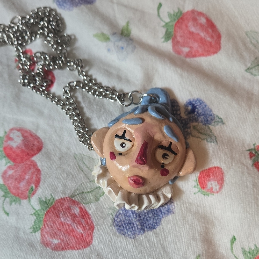Unique Handmade Polymer Clay Painted Clown Pierrot Face Pendant Horror Necklace